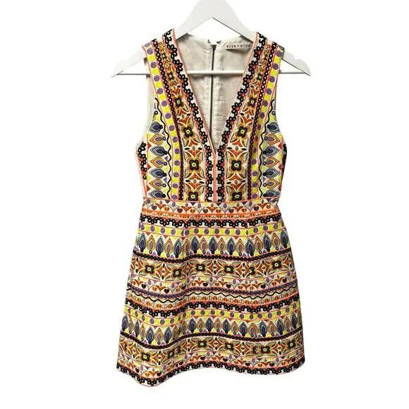 Alice + Olivia White Multicolor Patty V Neck Embroidered Mini Dress Womens 2 - Picture 2 of 6
